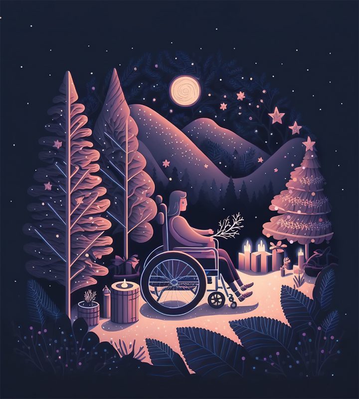 Kuva: Titta Lindström, Midjourney. Kuvassa henkilö istuu pyörätuolissa jouluinen varpu kädessä metsän keskellä katsoen joulukuusta ja kynttilöitä sen alla. Kuu ja tähdet loistavat taivaalla ja luovat valonkajoa kukkuloille. Kuva on tummansini-vaaleanpunasävytteinen ja tunnelmallinen.